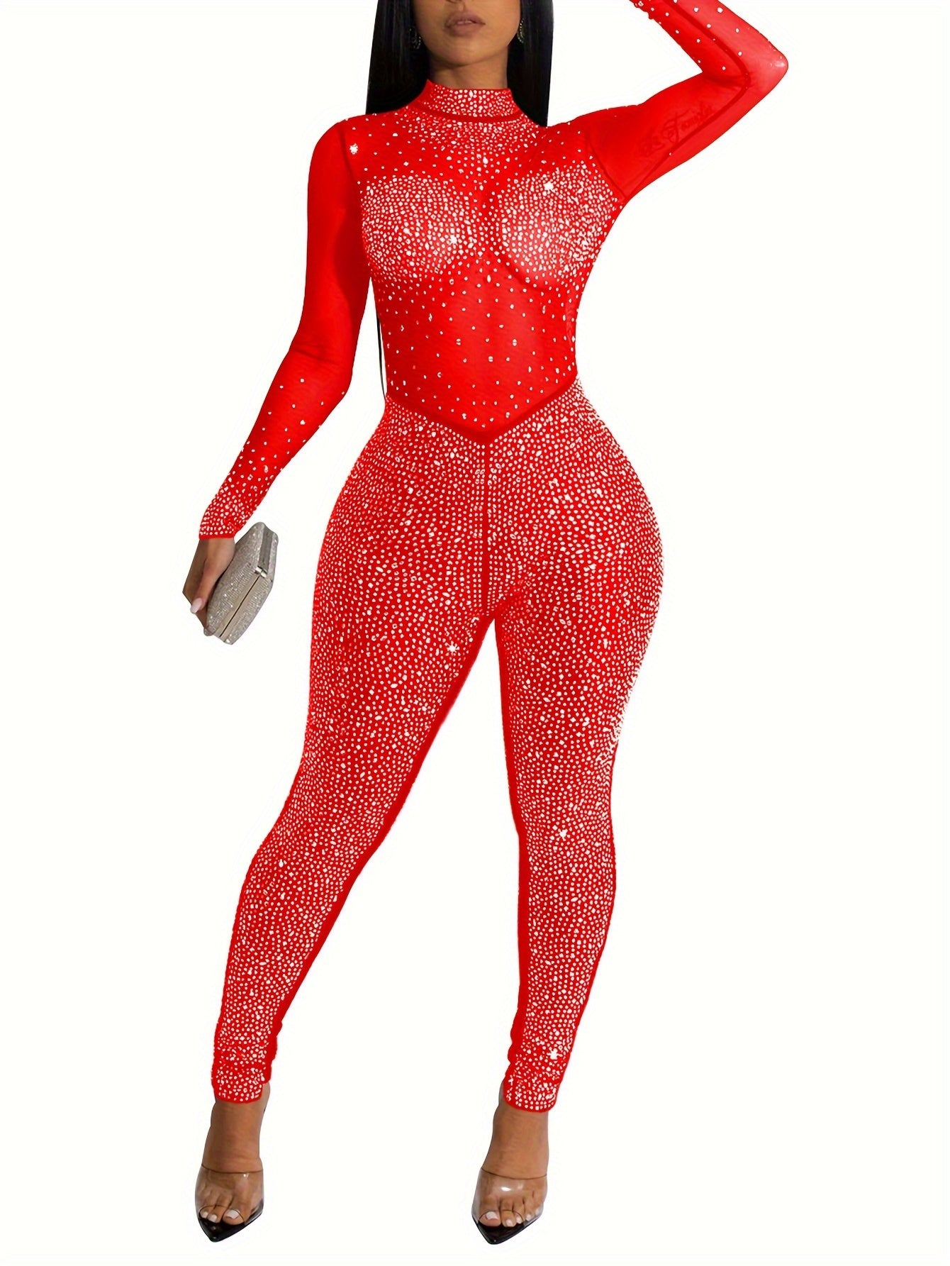 Solid Color Stand Neck Jumpsuit, Y2K Mesh Rhinestone Long Sleeve Jumpsuit For Spring & Summer, Women's Clothing